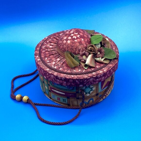 No Brand Other - Vintage Round Bonnet Pin Cushion and Sewing Notions Box 8 Inside Pockets Maroon